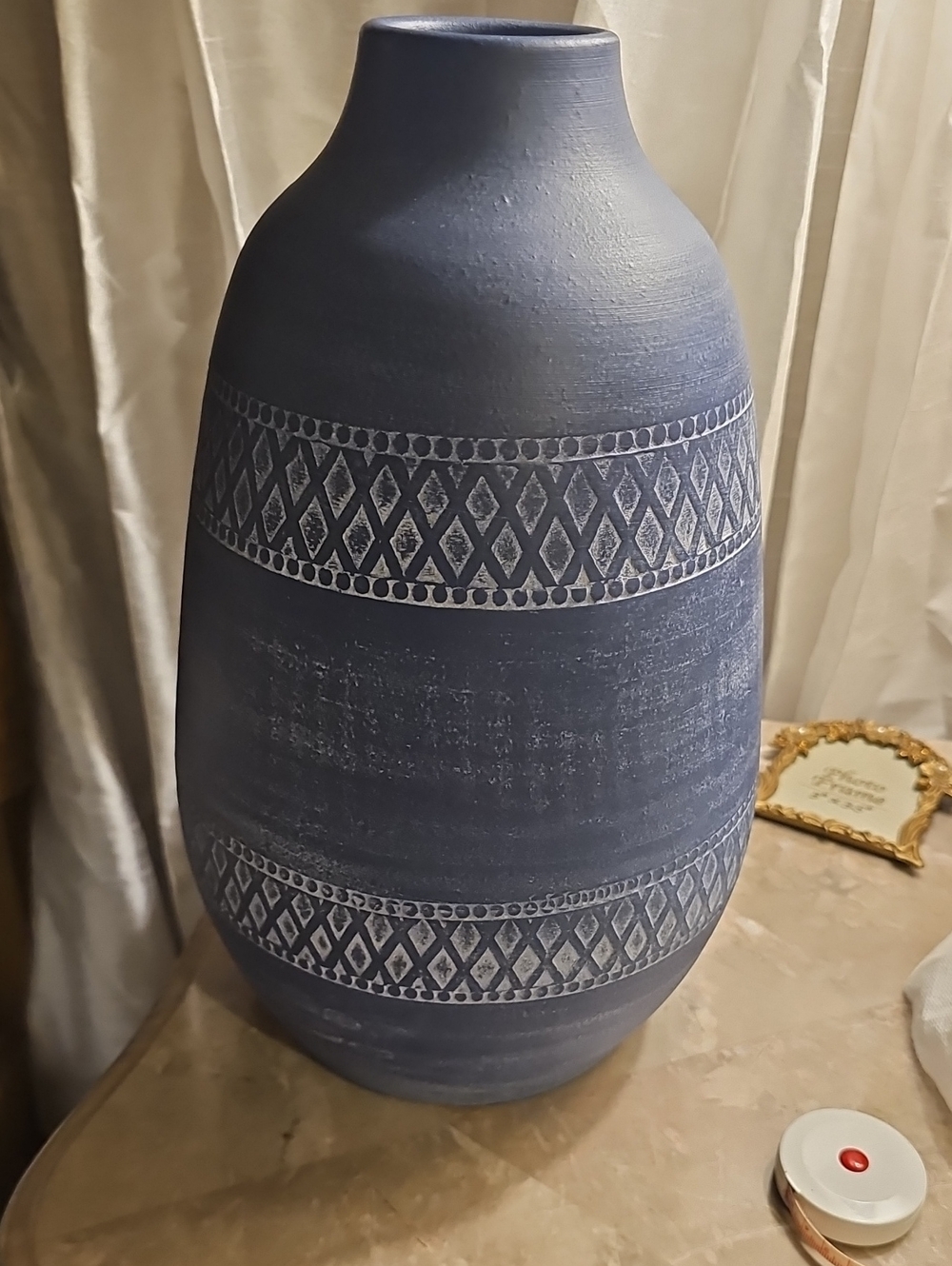 Textured Tribal  Denim Like Blue Ceramic Decorative Vase  New 14"H 25"D Heavy